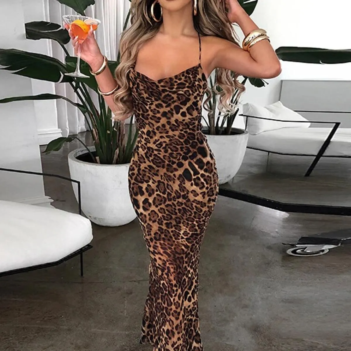 2023 Estate  Leopard Sling Dress per le donne Xshape scollo a V aderente abito longuette femminile elegante Backless Club Par