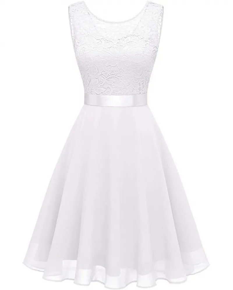 Abito da sposa formale Abito longuette con giuntura in pizzo vintage elegante con cintura Abito da sera senza maniche con volant