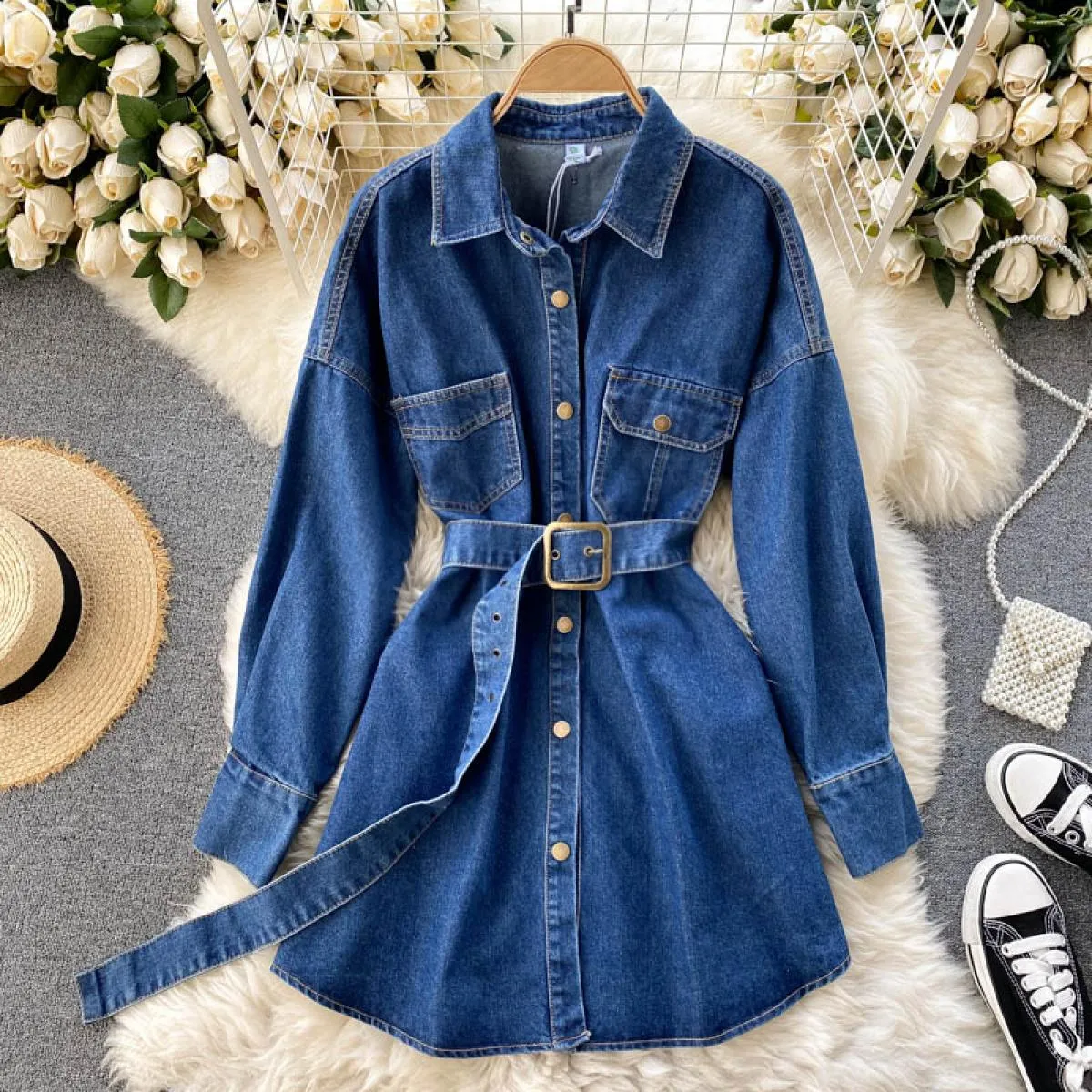 Abito in denim a maniche lunghe autunnale per donna Abiti con orlo monopetto Streetwear vintage Casual Keen Traf con cintura blu