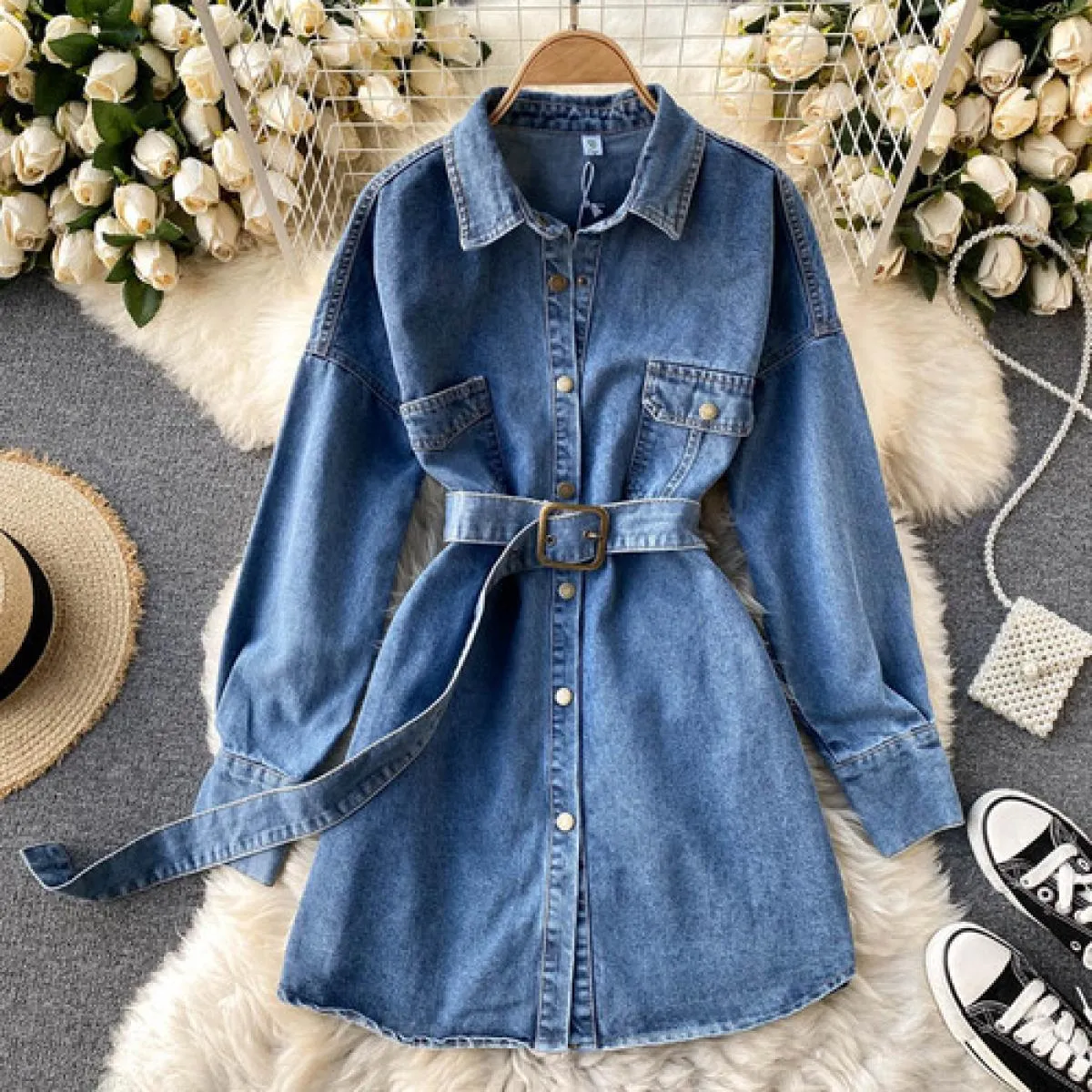 Abito in denim a maniche lunghe autunnale per donna Abiti con orlo monopetto Streetwear vintage Casual Keen Traf con cintura blu