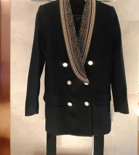 Blazer di alta qualità da donna con perline nere 2022 nuovo designer decorazione in metallo caldo con cintura collo a scialle ab