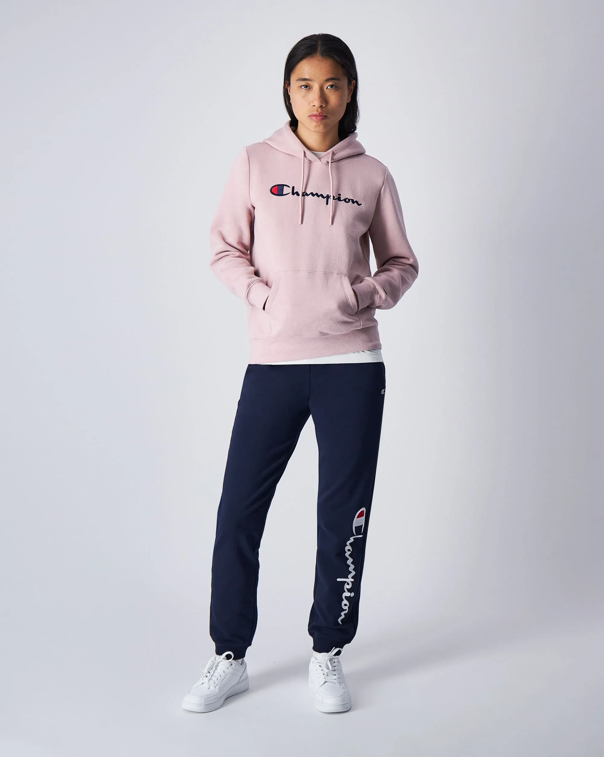 Champion Felpa Con Cappuccio in Fleece Misto Cotone Big Logo Rosa Donna