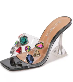 Comemore Fashion Slippers Ladies High Heels Transparent Rhinestone Clear Party Mules 9cm Sandals Women Shoes Big Size 44