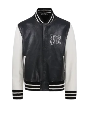 MEN PALM ANGELS BLACK LEATHER PA MONOGRAM CLASSIC VARSITY JACKET