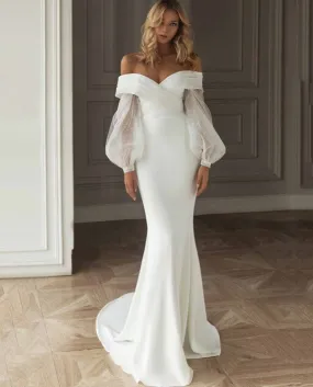 Satin Elegant Prom Evening Dress Women  Off Shoulder Mesh Puff Sleeve Mermaid White Wedding Dress Vestidos Robe Gowns Mu