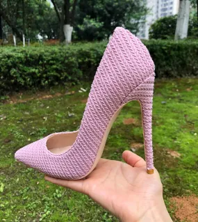 Tikicup Pink Women Woven Fabric Pointed Toe Stiletto Pumps Ladies Wedding Bridemaids Shoes 8cm 10cm 12cm High Heels Size