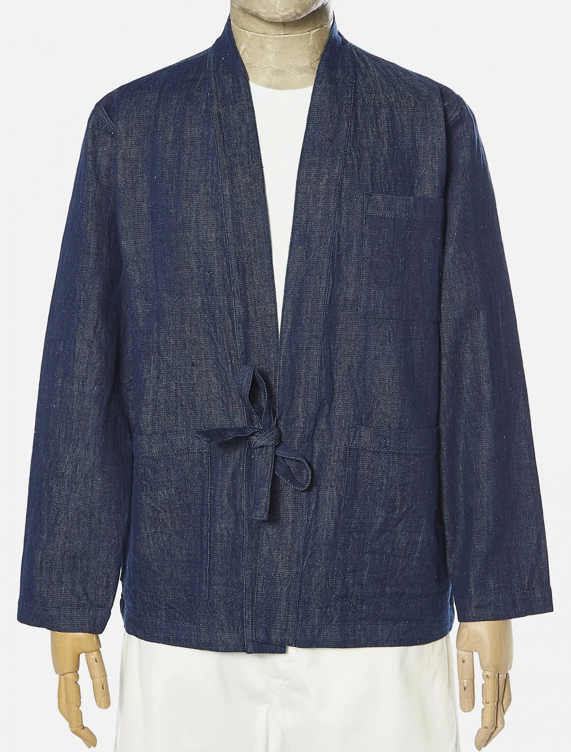 Universal Works Tie Front Jacket in Indigo Handloom Denim