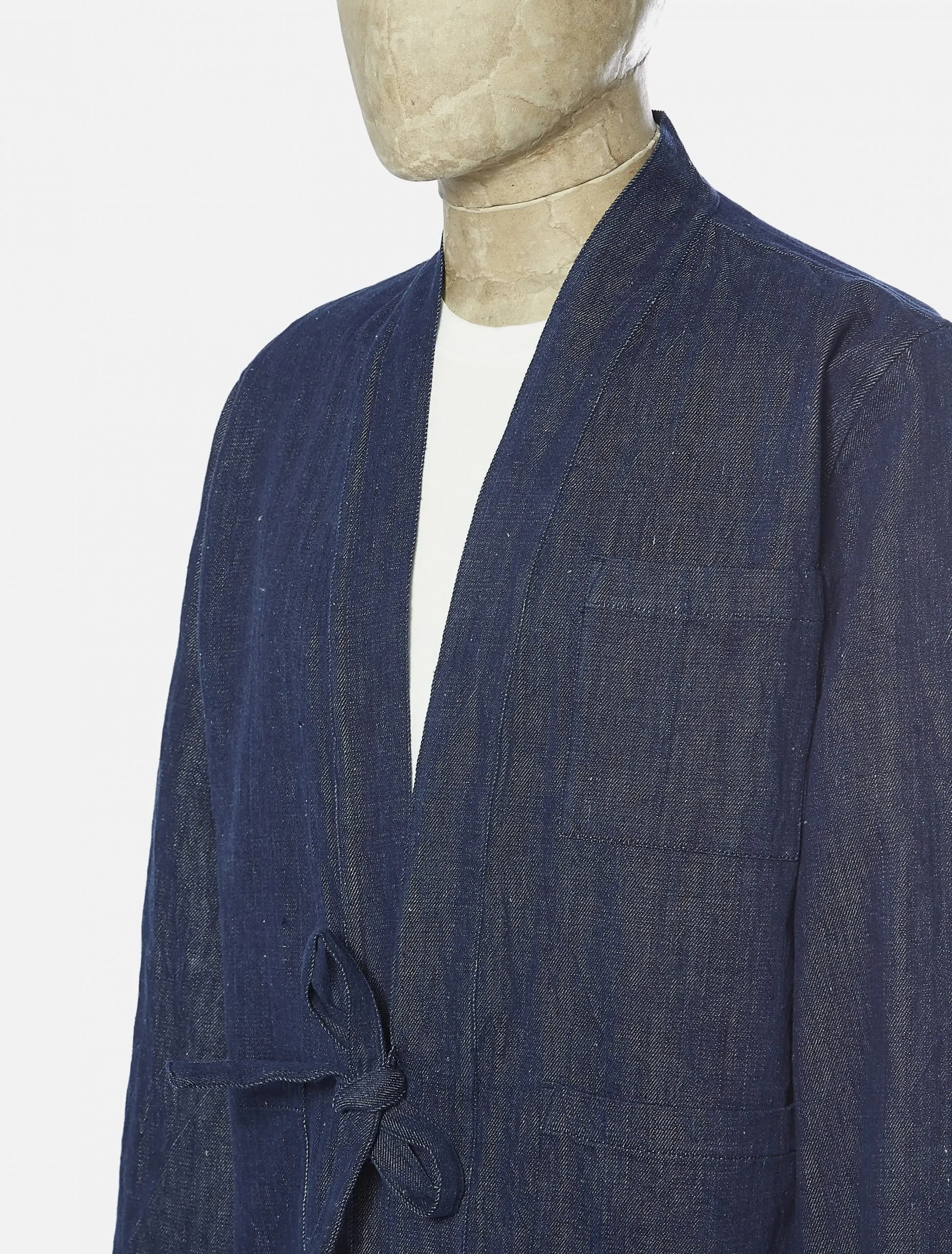 Universal Works Tie Front Jacket in Indigo Handloom Denim